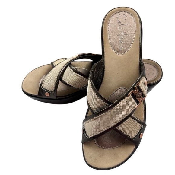 Cole Haan Shoes - Cole Haan Nike Air Brown Metallic Leather Cross Strap Wedge Sandals 6.5 B